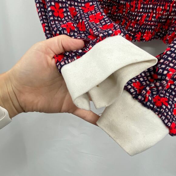 Vintage smocked waist red floral plaid collar top - Picture 2 of 5